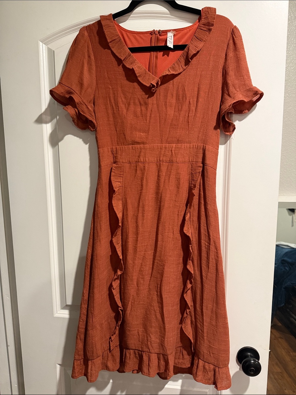 Ruffle-Trim Midi Dress in Burnt Orange
